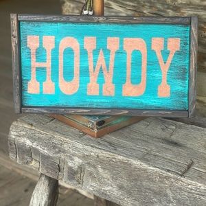 Handmade Rustic “HOWDY” sign in copper and turquoise